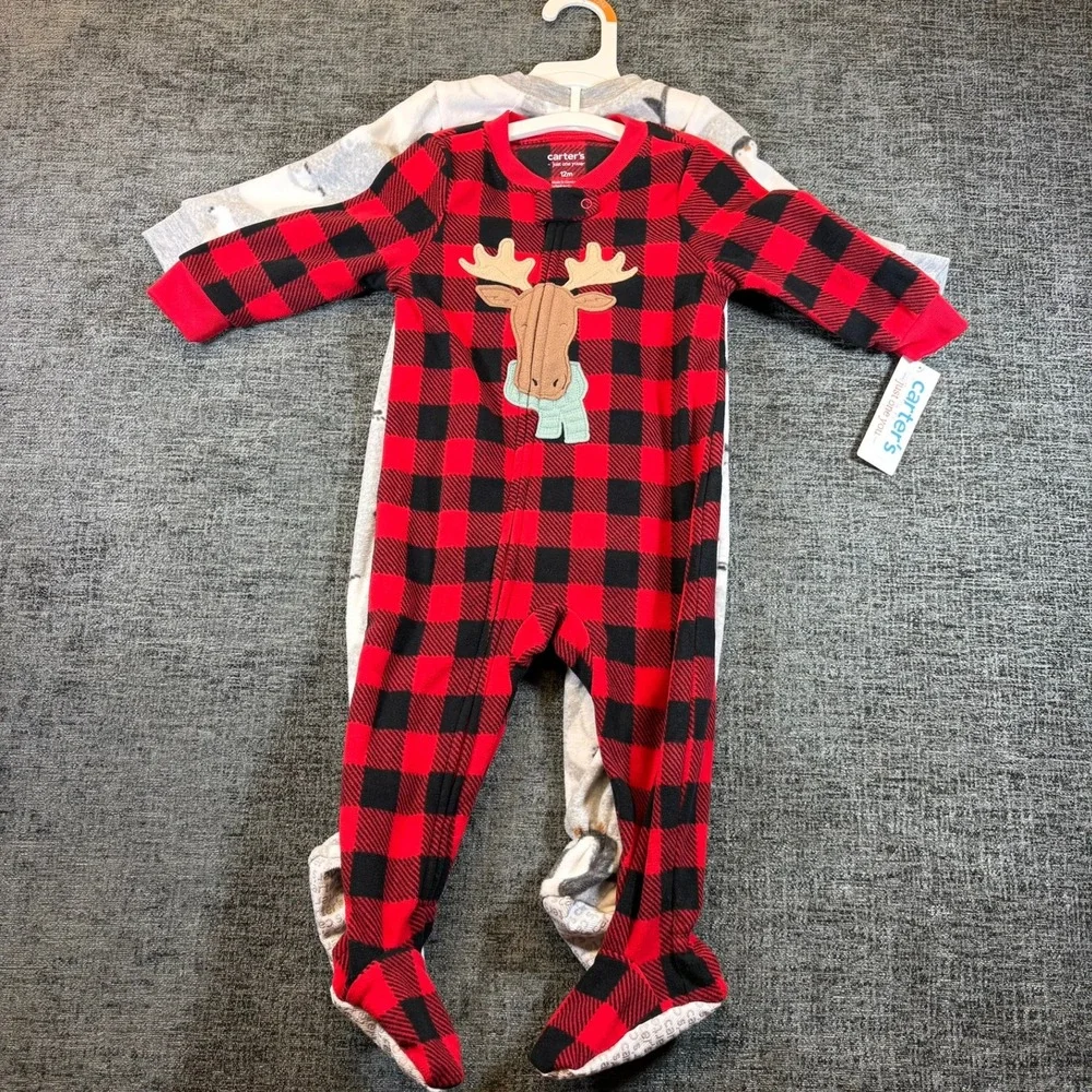 Carters Pajamas Unisex Baby 12M Red Gray Fleece Plaid Polar Bear 2 Pack 6R739010
